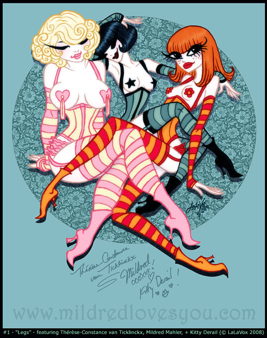 Pin-Up #1 - 'Legs' - featuring Therese-Constance van Ticklinckx, Mildred Mahler, and Kitty Derail - a MildredLovesYou.com cartoon pin-up by LaLaVox.