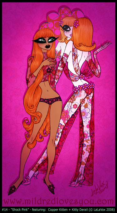 Pin-Up #14 - 'Shock Pink' - featuring Copper Kitten and Kitty Derail - a MildredLovesYou.com cartoon pin-up by LaLaVox.