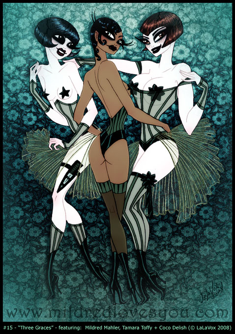 Pin-Up #15 - 'Three Graces' - featuring Mildred Mahler, Tamara Toffy, and Coco Delish - a MildredLovesYou.com cartoon pin-up by LaLaVox.
