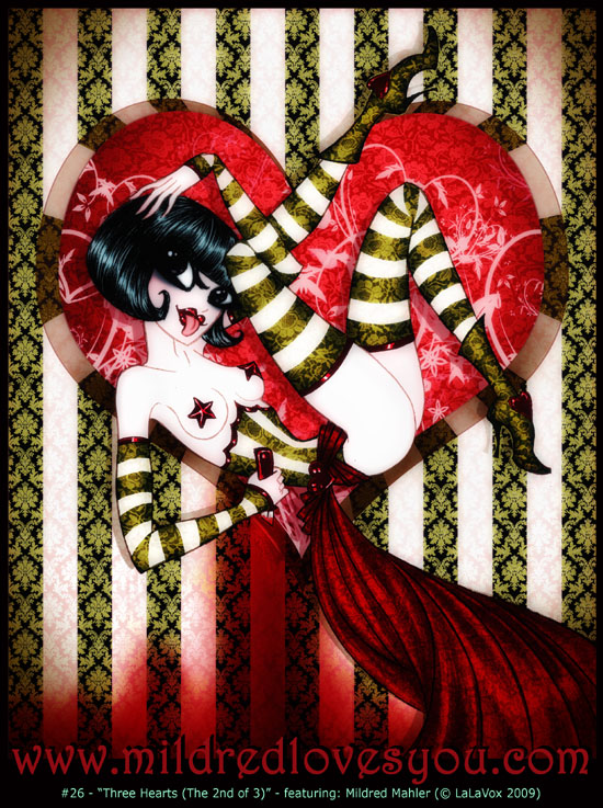 Pin-Up #26 - 'Three Hearts (the 2nd of 3)' - featuring Mildred Mahler - a MildredLovesYou.com cartoon pin-up illustration by LaLaVox.