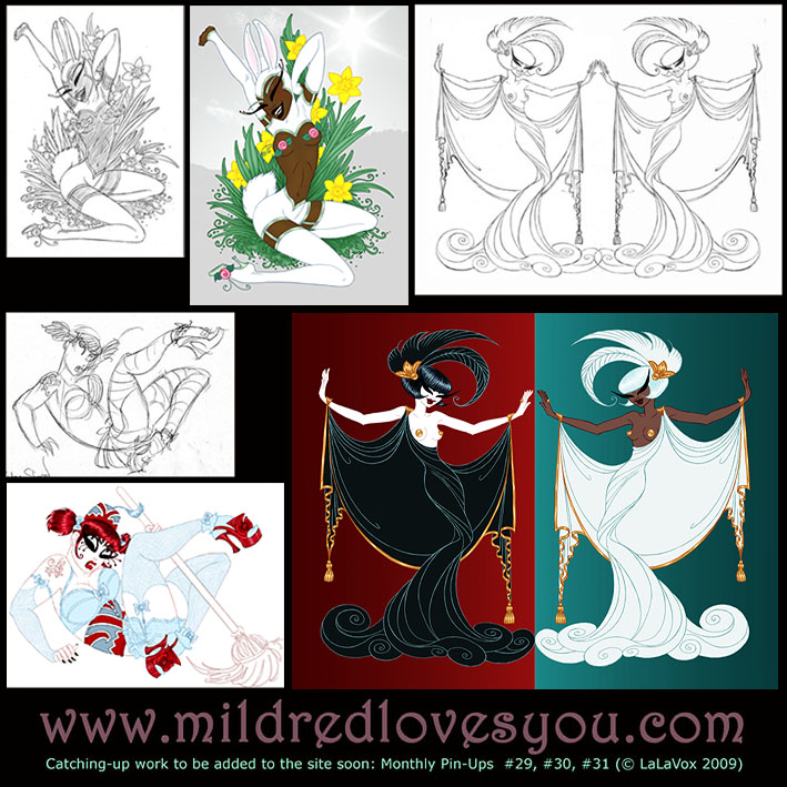 MildredLovesYou.com cartoon pin-up sketches and works in progress by LaLaVox.