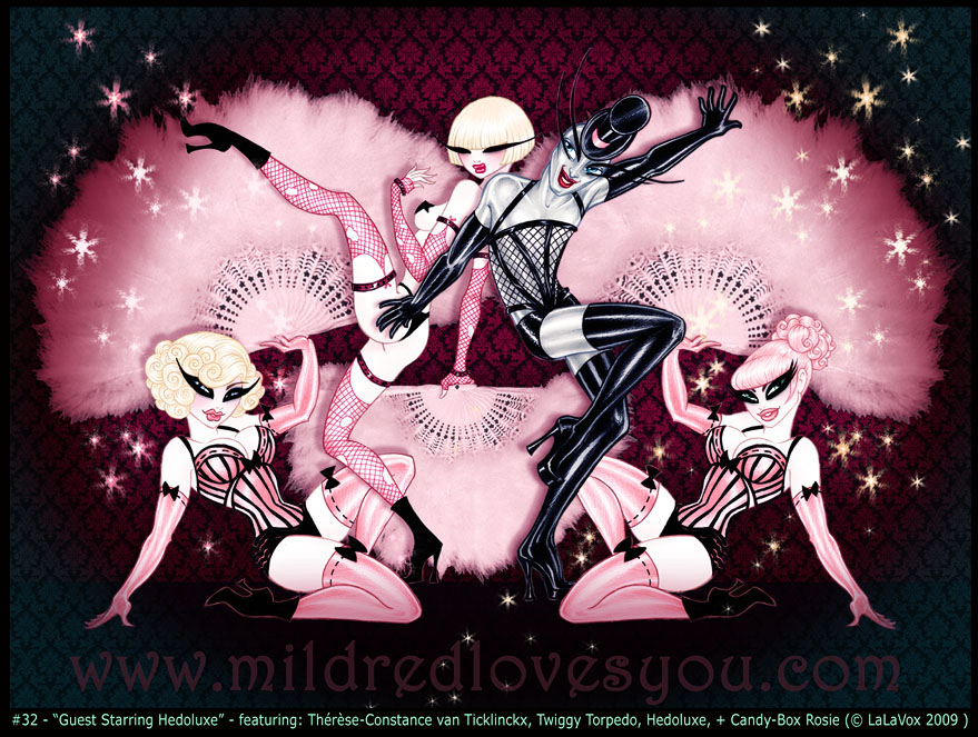 Pin-Up #32 - 'Guest Starring Hedoluxe' - featuring Therese-Constance van Ticklinckx, Twiggy Torpedo, Hedoluxe, and Candy-Box Rosie - a MildredLovesYou.com cartoon pin-up illustration by LaLaVox.